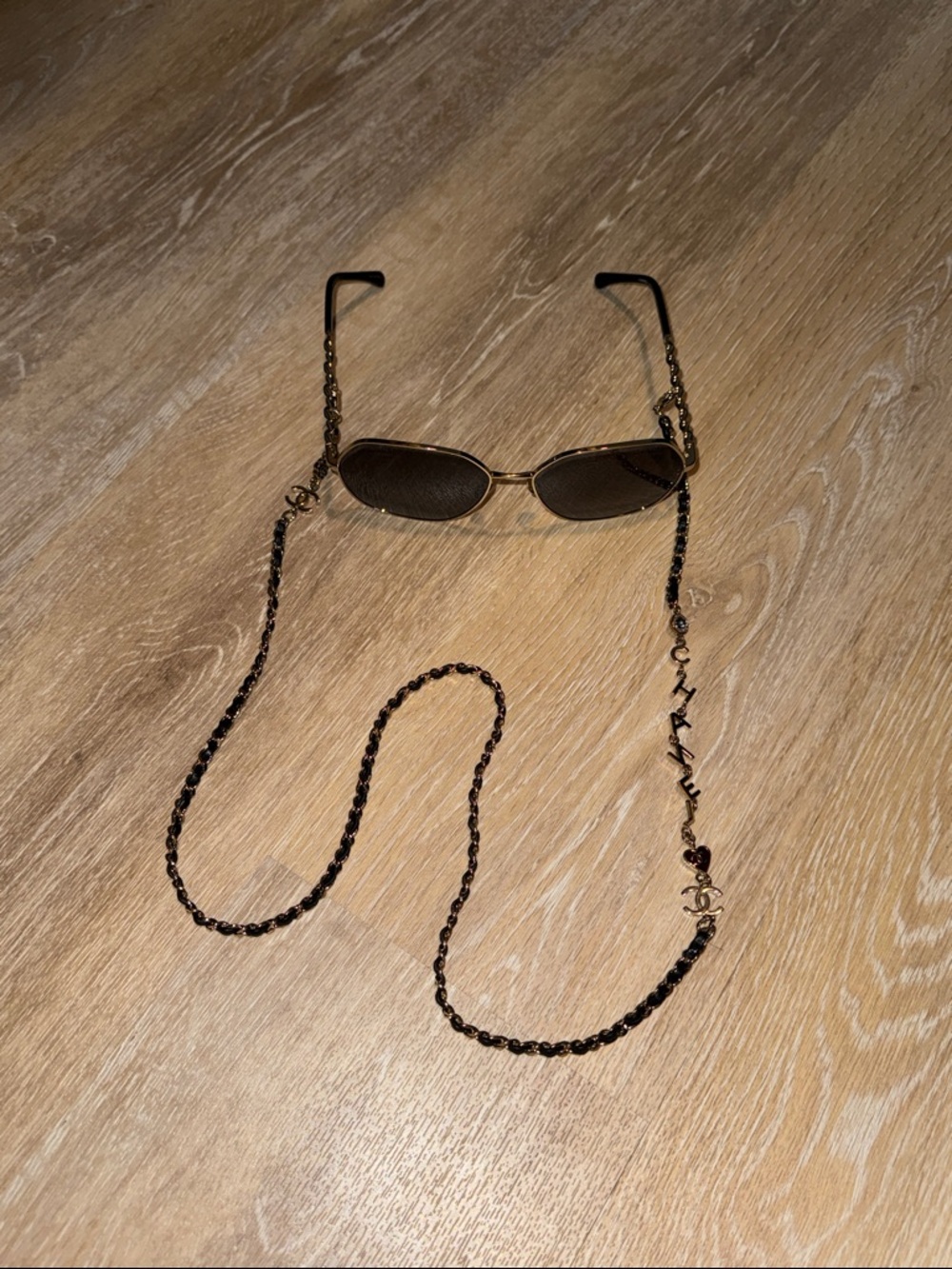 Gold Frame Sunglasses with Black Chain